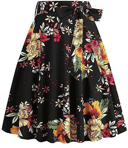 Odizli Rock Damen Knielang Rockabilly Tellerrock Elegant 50er Jahre Vintage Audrey Hepburn A Linie Swing Petticoat Röcke Faltenrock Plisseerock Retro Trachtenrock Festlich Sommerrock Schwarz Gelb XL