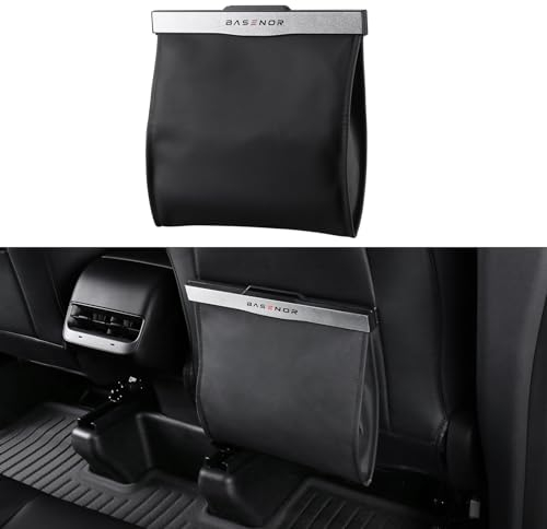 BASENOR 2017-2026 Tesla Model Y/3/X/S Trash Can, [Strong Magnetic] [Waterproof] Rubbish Bin LED Light Garbage Bin Leather Garbage Bag Seat Back Hanging Interior Accessories 2025 2026