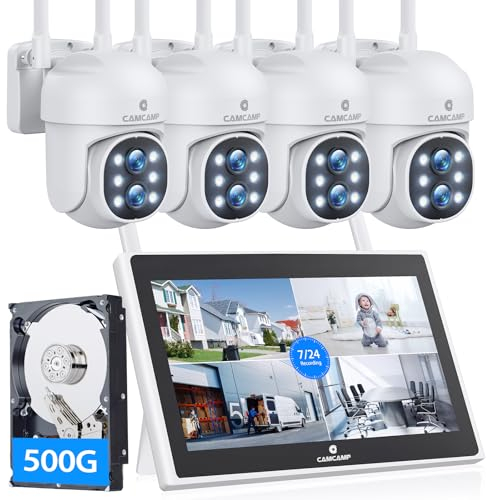CAMCAMP Überwachungskamera Aussen Set mit 10 Monitor &500GB Festplatte, 2K PTZ Kamera Aussen WLAN mit Dual-Objektiv, Auto-Tracking, Farbnachtsicht, 2-Wege Gespräch, 0 Monatliche Gebühr