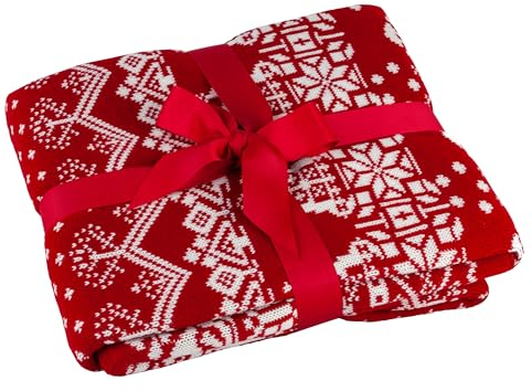 Deco4Me Kuscheldecke Strickdecke Sofadecke Weihnachten, Rot-Weiß, 130 x 170 cm - Weihnachts Decke kuschelig & flauschig aus 100% weichem Acrylstoff - Tagesdecke gestrickt