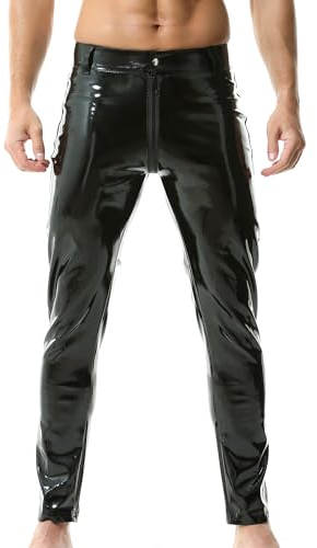 QiaTi Herren PU Leder Hose mit Reißverschluss Casual Straight Leg Kunstleder Motorrad Biker Hose