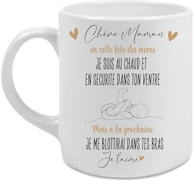 Mug Blanc 350 ml – Cadeau Idéal Fête des Mères pour Maman Enceinte – Message Touchant Chère Maman, en cette fête des mères...