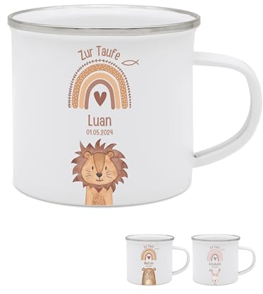 wunderwunsch® - Personalisierte Emaille Tasse Kinder mit hochwertigem Spezial-Druck – Bruchsicher, Leicht & Umweltfreundlich – Geschenke zur Taufe (Löwe)