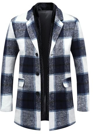Allthemen Manteau Homme d'hiver à Carreaux Trench Coat Chaud Mélange de Laine avec Col écharpe Détachable Bleu XL