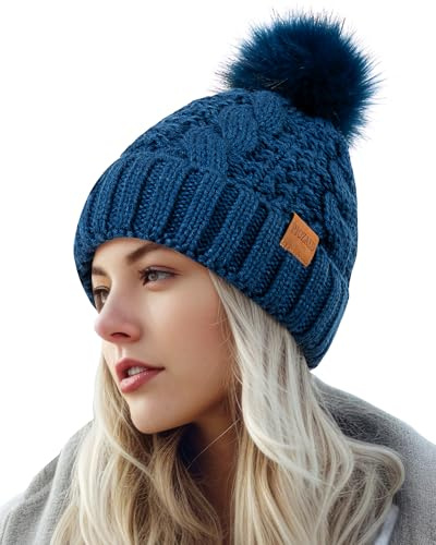 PIOZAED Damen Wintermütze mit Bommel, warm und gemütlich, Strickmütze, Fleecefutter, Totenkopfmütze für Damen, Blau
