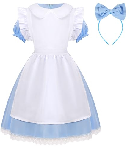 Aomig Alice im Wunderland Kostüm Blau Kleid klassisch Verkleidung mit Weißer Schürze und Haarreifen für Kinder Schleife Stirnbänder Kopfschmuck für Frauen Mädchen Buchfigur-Kostüme Weltbuchtag (110cm)