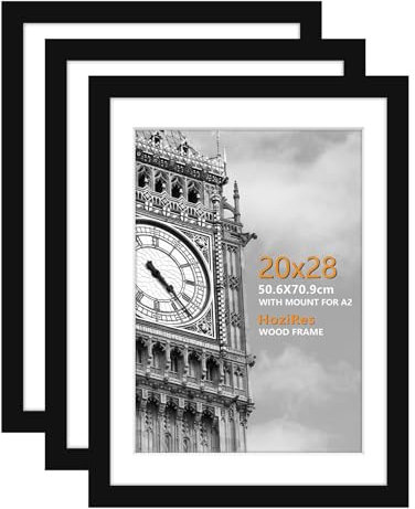 HoziRes Picture Frames 50cm x 70cm, 100% Solid Wood 20x28 inch Picture Frame with Plexiglass Front, Set of 3 Black Picture Frames for Wall Mounting, Poster Frames with Mat for A2 Printing