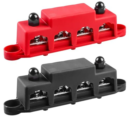 VEGOATY 2 Stück 12V-48V DC Sammelschienen Verteilerblock, 250A BusBar Box mit 4 x M8 Klemmenbolzen Hochleistungsmodul, Sammelschiene Block mit Abdeckung für Automotive, Marine, Batteriesystem