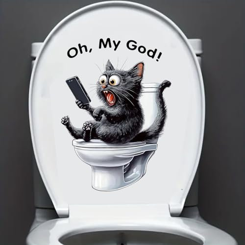 Nouiroy Autocollant fantaisie chat noir sur les toilettes pour smartphone – Décoration d'intérieur humoristique, facile à appliquer, finition semi-brillante, décoration de salle de bain chat (chat