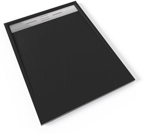 HIEMAL INOX Receveur de douche 90 x 120 cm résine Noir aspect ardoise + bonde inox incluse - Salle de bain