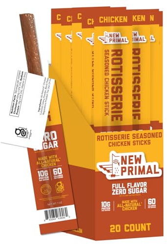 New Primal Rotisserie Chicken Sticks, Zero Sugar High Protein Snack, Gluten Free Whole30 Healthy Snacks, Keto and Paleo Friendly, Jerky Meat Stick, 10g Protein, 20 Ct