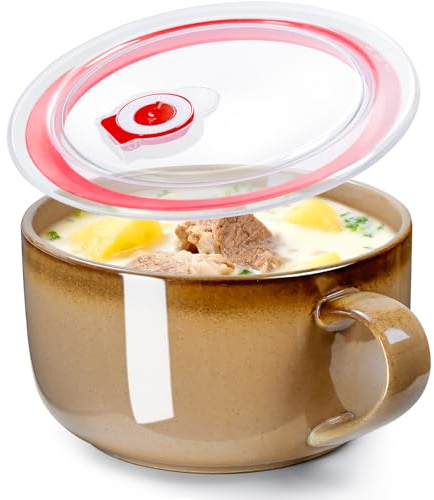 NUTRIUPS Large Ceramic Soup Bowls with Handles, 1000ml Microwave Soup Mug with Lid, Heavy Soup Cup & Container with Handles, for Cereal, Ramen, Noodle, Oatmeal (Vintage Copper Rim with Lid)