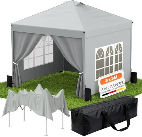 Huracan Tonnelle Pliante 3 x 3 m imperméable avec parois latérales, Pop-up Barnum avec Sacs de Sable Stables, Hauteur réglable, Protection UV, tonnelle de Jardin Exterieur, Tente de fête, Plage