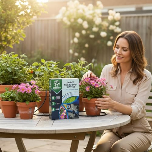Greenkey 10 Pot Micro Drip Irrigation System, Automatic Watering Kit, 10m Hose, with Adjustable Drippers & Watering Bag