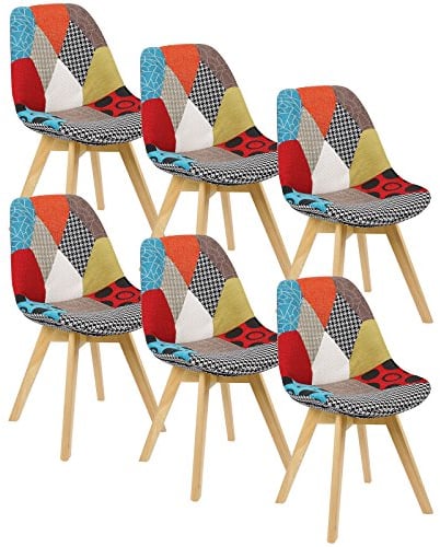 WOLTU Esszimmerstühle 6er Set, Küchenstühle mit Patchwork Design, mit Massivholz Beinen, Leinen, bis 150 kg belastbar, bis 150 kg belastbar, Mehrfarbig