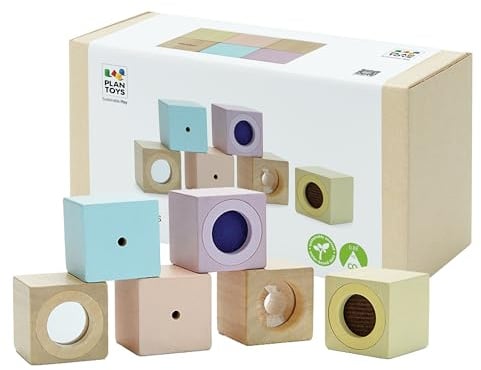 PlanToys® Sensorikblöcke Holz – 6 Motorikklötze für Babys ab 12 Monaten | Montessori Holzspielzeug, 6 Sensorikblöcke, Sehen Hören Fühlen, Pastelltöne, ab 12 Monaten, speichelfest, fördert Wahrnehmung