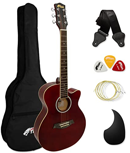 Tiger ACG1-RD34 Acoustic Guitar with Steel Strings – 3/4 Size – for Beginners aged 9+ – Bag, Strap, Spare Strings, Scratchplate and Pick Included - 6 Months Free Lessons - Red