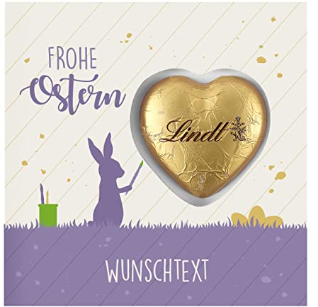 Herz & Heim® Süße Ostergrüße - Grußkarte inkl. Lindt Schokoladen-Herzen Osterhase mit Ihrem Wunschtext