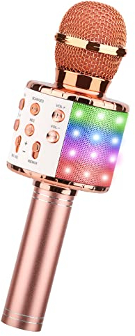 ShinePick - Micrófono de Karaoke, inalámbrico, con Bluetooth y luz disco led, portátil, para niños y adultos, para cantar, compatible con Android/iOS/ordenador/Smartphone (oro rosa)