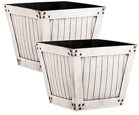 Slatted Wood Style Plastic Planter - Distressed White, Set of 2 - Suitable for Indoor or Outdoor Use - 34cm (H) x 40cm (Dia)