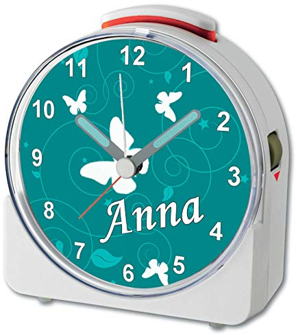 CreaDesign, WU-71-1032-10, Schmetterling Petrol, analog Kinderwecker weiß, Funkwecker mit Sweep-Uhrwerk und fluoreszierenden Zeiger und Licht, personlisiert mit Namen, 10,2 x 4,6 x 11 cm