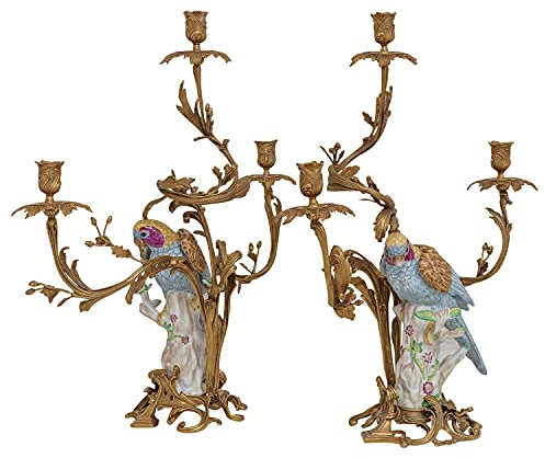 aubaho Set 2-teilig Kerzenständer Papagei Kerzenhalter Porzellan Bronze Antik-Stil 62cm