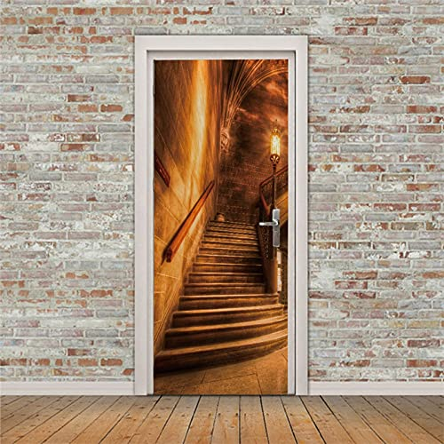 A.Monamour Türtapete Selbstklebend Türfolie Türposter 3D Alte Treppe Mit Schwachem Mittelalterlicher Burginnenraum Vinyl Folie Türdeko Tapete Wandbild Türaufkleber Türtattoo 85 x 200 cm