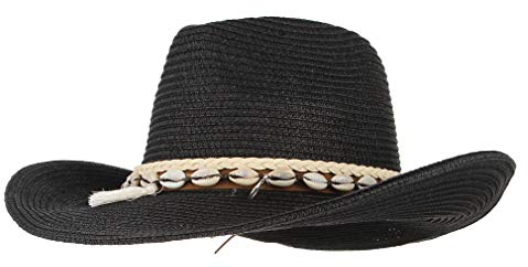 GEMVIE Sombreros de Paja para Mujer Sombrero de Sol Gorra de Playa con Cinta de Concha + UPF50 Ajustable y Empacable Mujer Sombrero de Verano Fedora Trilby (Negro)