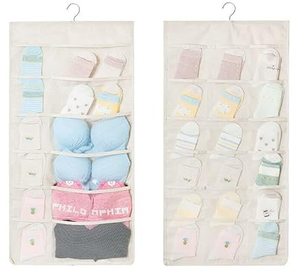 LondonExpress 30 Pockets Double Side Hanging Bag Bra Underwear Storage Organiser Tidy Hanger (Cream)