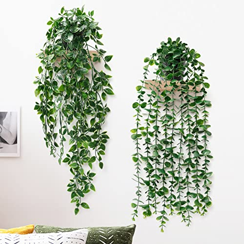 Betylifoy 2Pcs Plantas Colgantes Artificiales con Macetas 50cm de Largo Hiedra Artificial Hojas de Eucalipto Plantas en Macetas Verdes para el Hogar Decoración Interior al Aire Libre