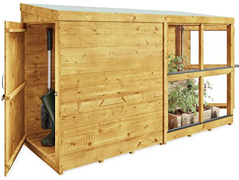 BillyOh Mini Greenhouse 8 x 3ft Wooden Garden Green House Plants Outdoor Cold Frame Small Expert Pent Growhouse Dual Entrance with Garden Storage Shed (8 x 3ft with Side Storage, Spray Treated)