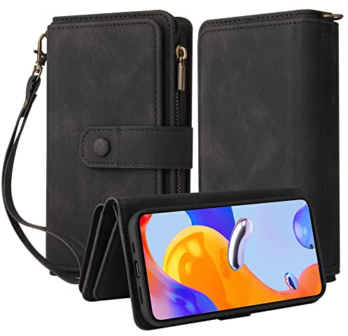 Oobooms Reißverschluss Wallet Hülle für Xiaomi Redmi Note 11 Pro 5G/4G, Schnalle Flip PU Leder Schutzhülle Klapphülle Zipper Handy Tasche Case Cover mit Silikon TPU Kartenfächer Stand - Schwarz