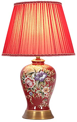 FAZRPIP Blumen- und Vogelmalerei-Keramik-Tischlampe Rote Schlafzimmer-Nachttischlampe Große orientalische Keramik-Tischlampe Handgefertigte Büro-Nachtlampe Leselampe