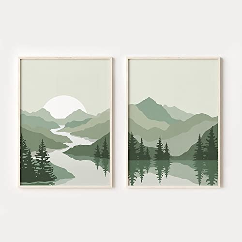 OTURRI Skandinavische Reise Landschaft Wand Bilder Leinwand Gemälde Salbeigrün Abstrakte Berge Poster Kunstdruck Bild Wohnzimmer Dekor 40x60cmx2 Ungerahmt
