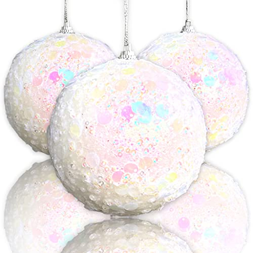 3 Stück Set Christbaumschmuck Weihnachtsschmuck Weihnachtskugeln mit Pailletten und Glitzer, aus Kunststoff bruchsicher, Kugeln Ø 10 cm (Weiß)