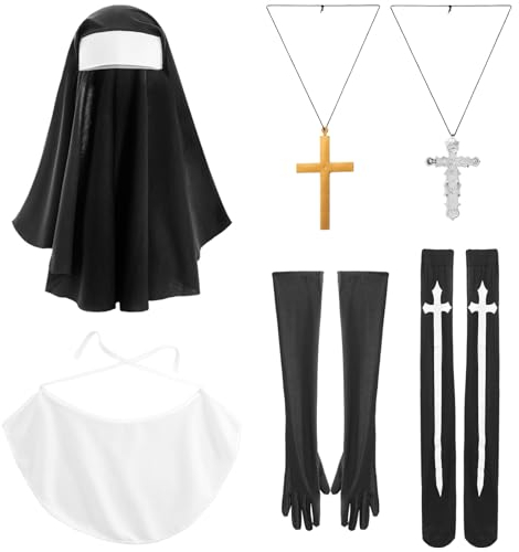 iEFiEL Damen Halloween Nonne Kostüm Set Nonnenhaube Priester Kreuz Halskette Handschuhe Kniestrümpfe Nun Klosterschwester Cosplay Mottoparty Fasching Type D One Size