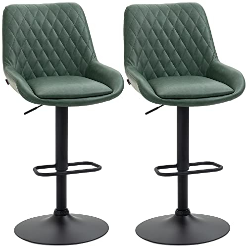 HOMCOM Breakfast Bar Stools Set of 2 with 51x40cm Wide Seat, Height Adjustable Kitchen Counter Chairs, Retro Swivel Upholstered Barstools with Back, Footrest and Steel Base, Green