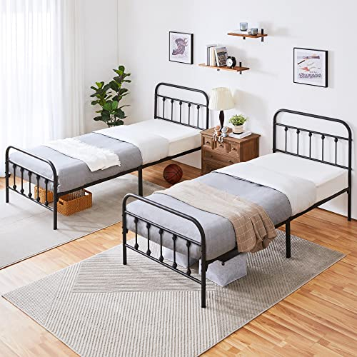 Yaheetech 2PCS 3ft Single Vintage Iron Platform Bed with High Headboard and Footboard, Strong Metal-Framed Bed with Storage Black