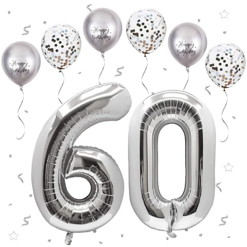VUCDXOP Silber Luftballon 60, XXL Riesige Geburtstag Ballon 60, 40 - 101cm Ballon Zahl Deko Folienballon Zahlen 0 & 6, Geburtstagsdeko Jubiläum Party Deko, Fliegt mit Helium (Nummer 60)