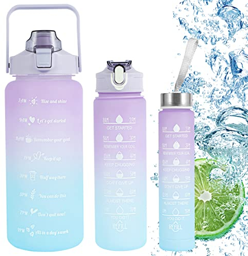Awmark Lot de 3 bouteilles d'eau paille, 2 L, 900 ml, 500 ml, anti-fuite, bouteille d'eau marquage du temps, bouteille d'eau motivante poignée portable, sans BPA l'école et l'extérieur Rose/Violet