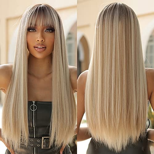Allbell Lange Gerade Blonde Perücken für Frauen Natürlich aussehende Perücken mit Pony Blond Synthetische Haarersatz mit dunklen Wurzeln…