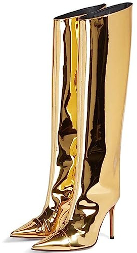Wsbjbo Stivali da Donna Alti sopra La Coscia sopra Il Ginocchio Scarpe da Donna Stivali con Tacco Alto A Spillo da Festa Stivali Alti da Festa Estivi,d'oro,35 EU