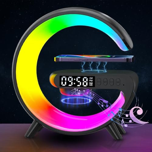 RANJIMA AtmosphäRenlampe Drahtloses Ladegerät, Led Wecker Smart Tischlampe mit Ladestation Musiksynchronisierung Bluetooth Lautsprecher Dimmbare Nachtlicht Touch Lampe für Erwachsene Büro Schlafzimmer