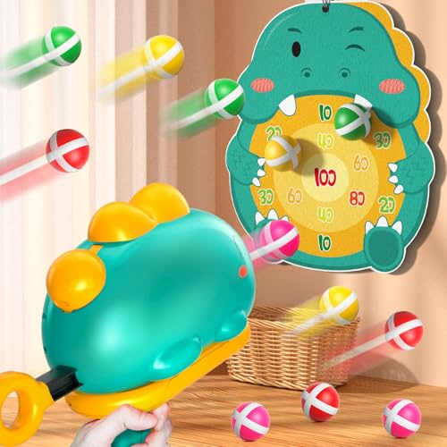 KukuFun Kinder Dinosaurier Schießspiel Spielzeug für 3-6 Jahre alte Jungen, 12 klebrige Bälle, 1 Dinosaurierwerfer, 1 Brett, Indoor & Outdoor Spielzeug für Jungen