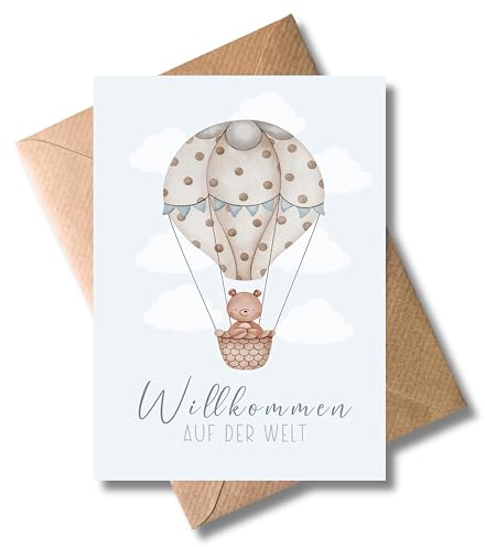 WBdesignz Glückwunsch Karte Geburt „Willkommen auf der Welt“ mit Umschlag – Babykarte mit Bär & Heißluftballon – süße geschlechtsneutrale Geburtskarte für Eltern, Babies, Mädchen & Jungen (DIN A6)