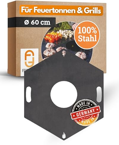 Feuerfest 123 Grillplatte eckig I Ø 60cm I Feuerplatte aus Feinkorn-Stahl I Massive Plancha-Platte mit 4mm Stärke I Grillaufsatz für Feuerschale, Feuertonne, BBQ-Grilltonne & Kugelgrill
