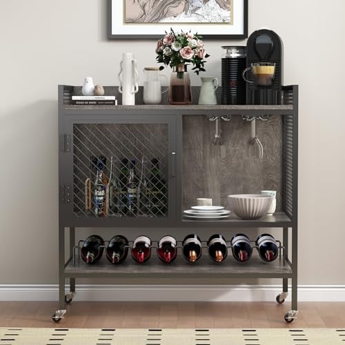 DAWNYIELD Wine Cabinet Sideboard 3-Tier Bar Table with Wheels Wine Rack Stemware Holders Mesh Door Industrial Kitchen Storage Cabinet Drinks Storage Display Cupboard for Home Bar (Gray)
