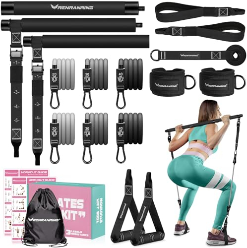 Pilates Bar Kit mit Widerstandsbändern, Multifunktionale Pilatesstange für Frauen & Männer mit robuster Metallverstellschnalle, Pilates Heimausrüstung für Ganzkörpertraining