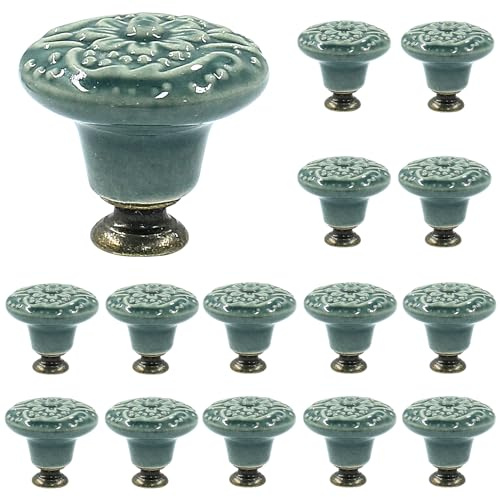 Piutouyar Grüne Keramikknäufe, Küchenschrankknäufe, Retro-Kommodenknöpfe, Schubladenknöpfe, Möbelknöpfe und Griffe für Schubladen, Kommoden, Schrank, 34 mm Durchmesser, 15 Stück