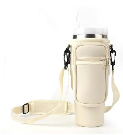 for Stanley Cup Accessories, Stanley Accessories Cup Fits for 40 OZ Water Bottle, Cup Carrier with Adjustable Shoulder Strap & Phone Pocket as for Walking and Hiking (off White)